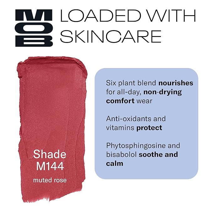 MOB Beauty Soft Matte Lipstick, M144 Muted Rose, Long Lasting, Weightless Blurring Lip Color Infused with Skincare, Vegan, Silicone-Free, Cruelty Free