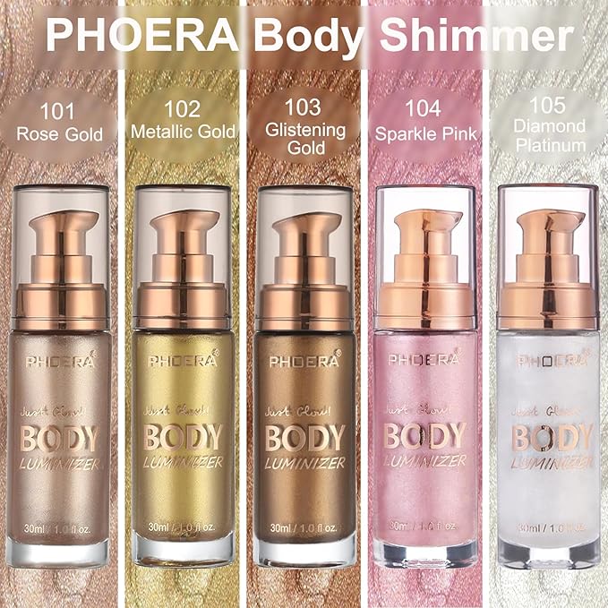 PHOERA Body Shimmer Oil,Bronzer Body Glow Oil Shimmer Highlighter Luminizer with Makup Bursh,Self Tanning Lotion,1oz/Jars (102 Metallic Gold)