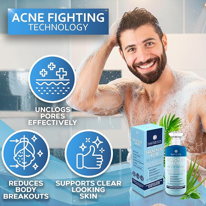 BELLISSO Salicylic Acid Body Wash - Men's and Women's Exfoliating Liquid Soap for Back Acne and KP - For Oily and Sensitive Skin - Sulfate Free Formula - 16 Fl Oz
