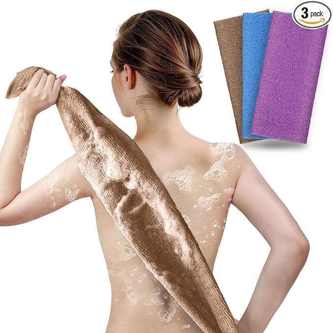 ARCH&M 3-Pack Premium Nylon Exfoliating Towel - 35-Inch Quick-Dry, Hygienic Japanese Washcloth for Body & Back - Durable, Machine Washable, Long-Lasting (Brown Purple Navy-Blue)