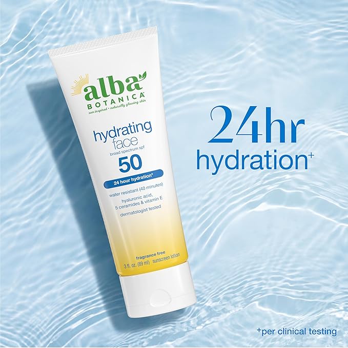 Alba Botanica Hydrating Face Sunscreen Lotion, SPF 50 Broad Spectrum Protection, 24 Hour Hydration, Water Resistant (40 minutes), Fragrance Free, Oxybenzone-Free, 3 Fl. Oz