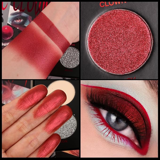 Red Goth Eyeshadow Palette - 9 Colors True Hot Red Black Eye Shadows | Halloween Glitters Makeup | Matte Shimmer High Pigmentation | Clown Vampire SFX Halloween Christmas Palette