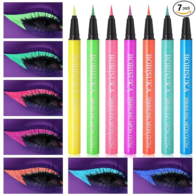 BOBISUKA UV Shimmer Glow Liquid Eyeliner Set, 7 Colors Glitter Neon Colored Eyeliners Pen, Colorful Waterproof Pigmented Graphic Liners, Metallic Eye Makeup Kit for Rave Accessories Party