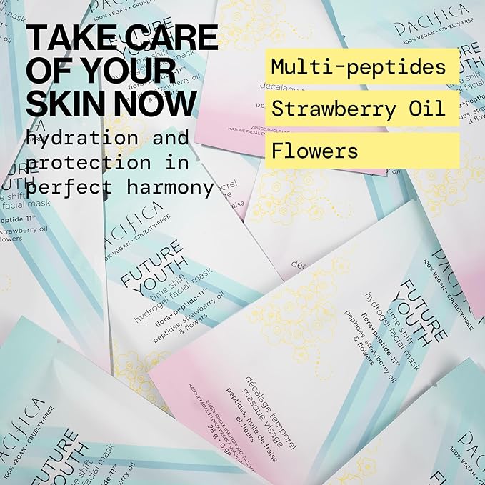 Pacifica Future Youth Time Shift Hydrogel Facial Mask, Multi-Peptide Anti-Aging Sheet Mask for Firming & Plumping, Ultra-Hydrating Serum-Infused Mask for Face & Neck, 100% Vegan