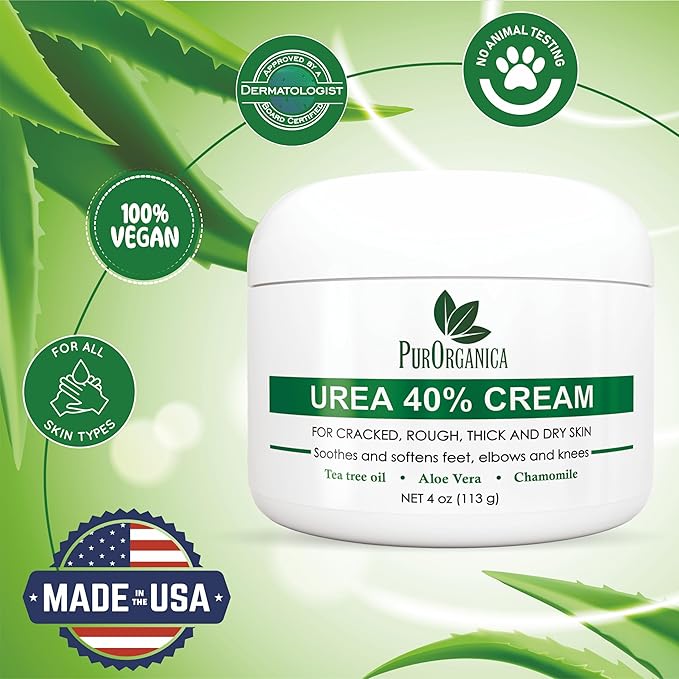 PurOrganica Urea 40% Foot Cream – Dermatologist Tested, Intensive Repair for Dry, Cracked Heels, Corns, Calluses & Rough Feet, Professional Strength Exfoliating & Moisturizing Cream - Made in USA