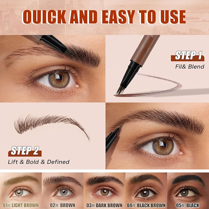 4D Double-Ended Eyebrow Pen, Hair-Like Brush Tip, Waterproof Brow Tint with Soft Nib, Available in 5 Natural Colors (3#Dark Brown)