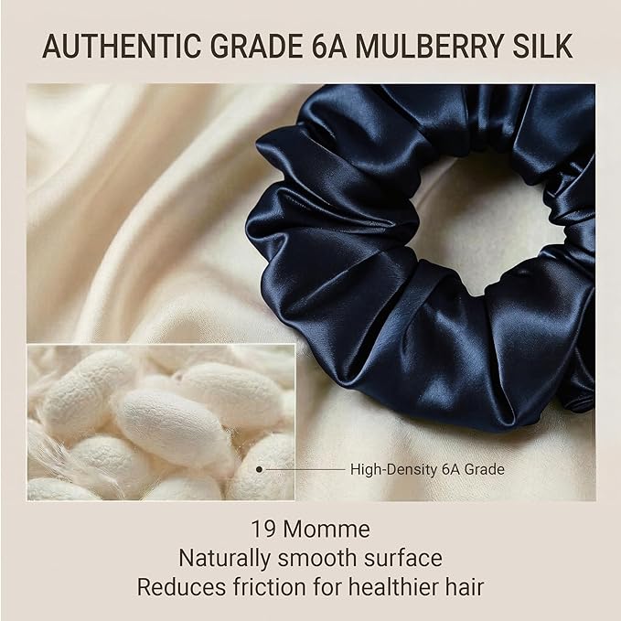 ZLYC 100% Mulberry Silk Hair Tie Scrunchie 19 Momme Gentle Creaseless Dent-Free Ponytail Holder for Women, 6cm Solid Navy