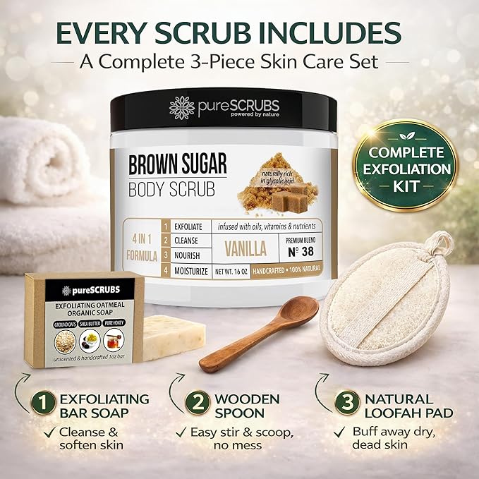pureSCRUBS Premium Vanilla Brown Sugar Scrub | Face, Feet & Full Body Scrub | Large 16oz Jar Includes Wooden Spoon, Loofah & Mini Exfoliating Bar Soap