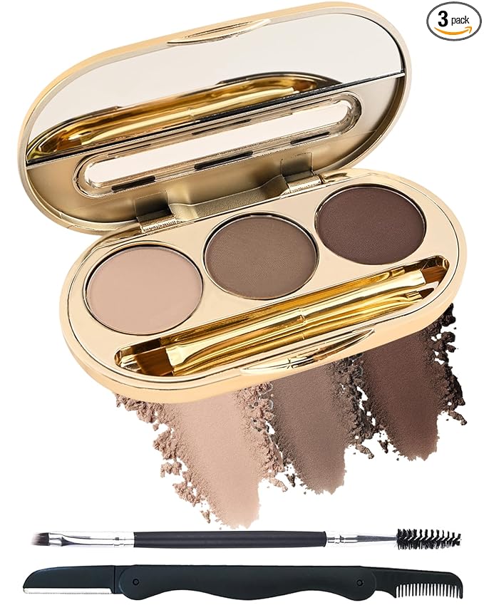 Eyebrow Powder Kit-3 Colors Eye Brow Tinting Powder Palette Long-Lasting Waterproof,Light Dark Grey Brown Brow Filler Eyeshadow,Mother's Day Makeup Gift for Women,With Mirror Brow Brush-Set 01