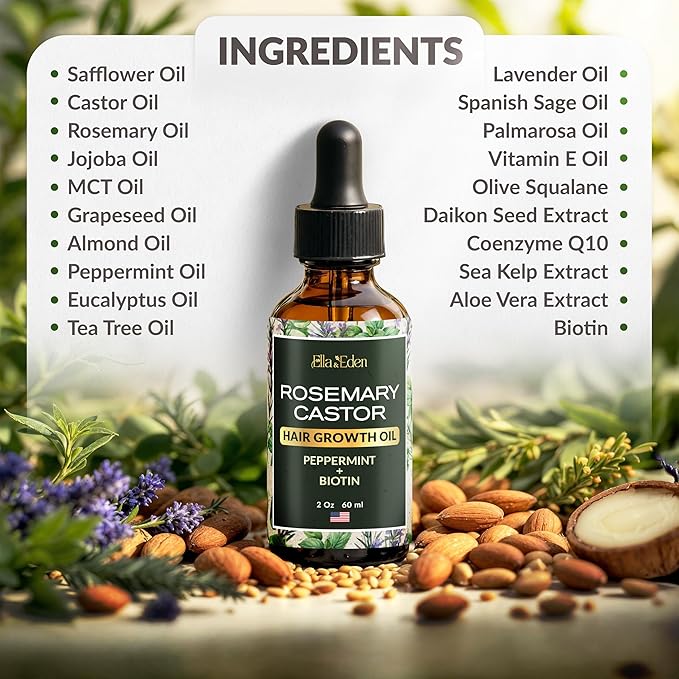 Ella & Eden Hair Growth Oil with Rosemary, Castor, Peppermint Oils & Biotin - Dry Scalp Treatment - Strengthening, Repairing, Soothing - 2 Fl Oz Glass Bottle