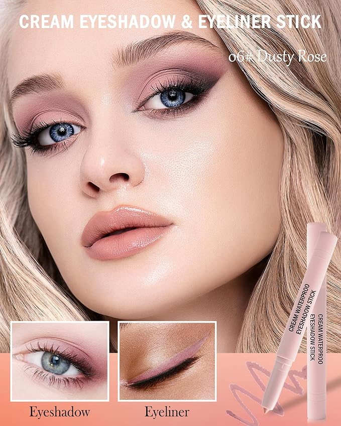 Pink Cream Eyeshadow Stick,Pink Eyeshadow with Sharpener & Blending Blush,High Pigment Neutral Eye Shadow Stick,Waterproof Smooth Matte Eyeliner Buildable Eye Makeup for Women-06