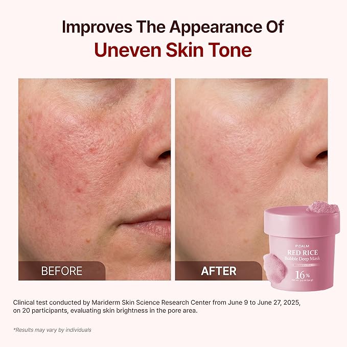 P.CALM Red Rice Bubble Deep Mask | Uneven Tone & Brightening Care, Carbonated Water & Red Rice Ferment for Smooth, Clean Skin, Clay Wash-Off Pack | Korean Skincare, 90g / 3.17 oz