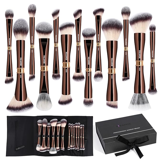MAANGE Makeup Brush Set with Gift Box, Double-ended Makeup Brushes for Foundation Contour Powder Concealer Eyeshadows Blending, Makeup Tools, Mothers Day Gifts (Coffee Brown, 13 PCS)