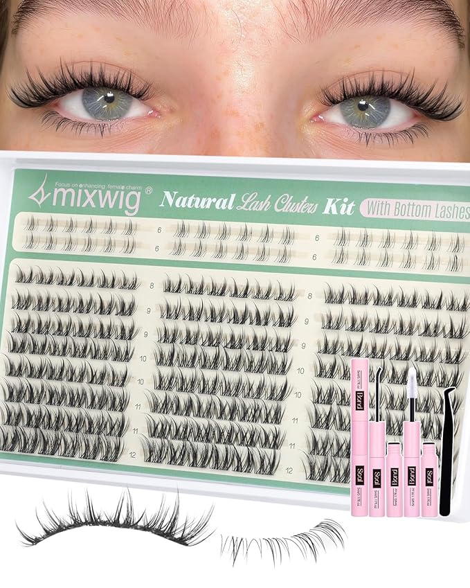 Short Lash Clusters Kit Natural Lash Extension Kit Wispy Eyelash Clusters with Bottom Lashes 8-12MM Manga Cluster Eyelash Extensions C Curly DIY Cluster Lashes Bond and Seal Tweezers by Lvmixwig