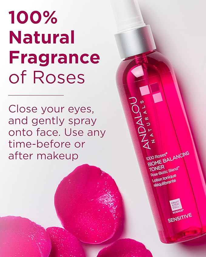Andalou Naturals Toner, 1000 Roses Biome Balancing Facial Toner, Refreshing & Gentle on Sensitive Skin, Rose-Biotic Blend to Help Protect & Strengthen Skin Barrier, 6 Fl Oz Spray