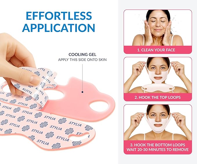 Stylia MaxiLift V-Line Lifting Collagen Face Mask - Double Chin Strap - Jawline Shaper - Neck Firming and Tightening Mask with Hyaluronic Acid & Aloe Vera - Chin Strap for Sleeping (5PC)