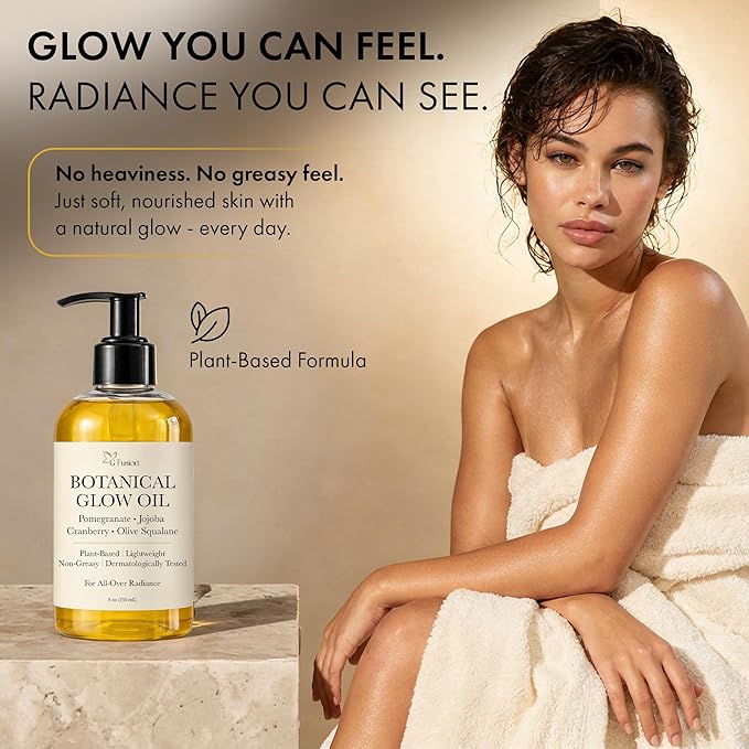 Botanical Body Glow Oil – Plant-Based Shimmer Body Oil for Radiant, Smooth, Hydrated Skin – Oil for Face, Hair, Skin & Nails – Pomegranate, Jojoba, Cranberry & Olive Squalane – All Natural