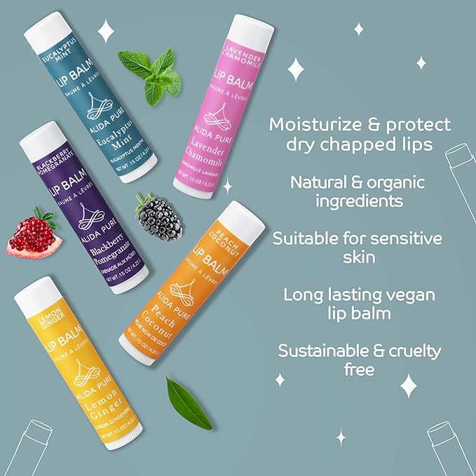 Duet Lip Balm Collection, Vegan Set, Beeswax Free, with Organic Jojoba and Avocado Oil, Vitamin E, Natural Moisturizer for Dry, Chapped Lips, 5 Tube Set