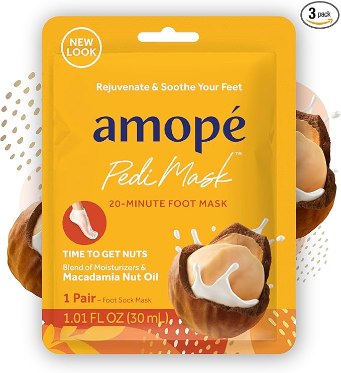 Amopé Pedi Mask 20-Minute Foot Mask, Intensely Moisturizing Socks, Self-Care, Time to Get Nuts with Macadamia Nut Oil, Urea & Vitamin Complex for Long Lasting Hydration, 3 pair (Packaging May Vary)