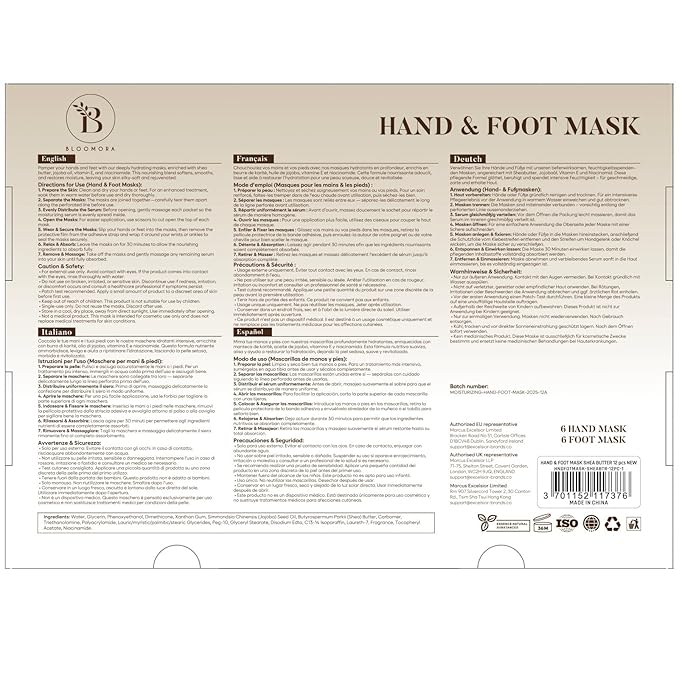 BLOOMORA Moisturizing Hand & Foot Mask Set with Shea Butter, Jojoba Oil & Vitamin E, Foot Mask for Dry Cracked Feet & Hand Moisturizer Gloves, 6 Hydrating Socks, 6 Moisturizing Gloves (6 pairs each)