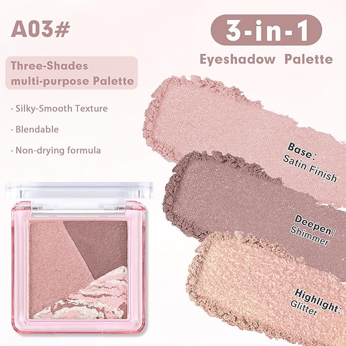 Eyeshadow Palette-Mini 3-in-1 Eye Shadow Powder Palettes Makeup-Matte&Shimmer Baked Eye Shadow for Women，paleta de sombras de ojos，Buildable Smooth Silky Waterproof for Daily Looks，03Mauve Dusty Rose