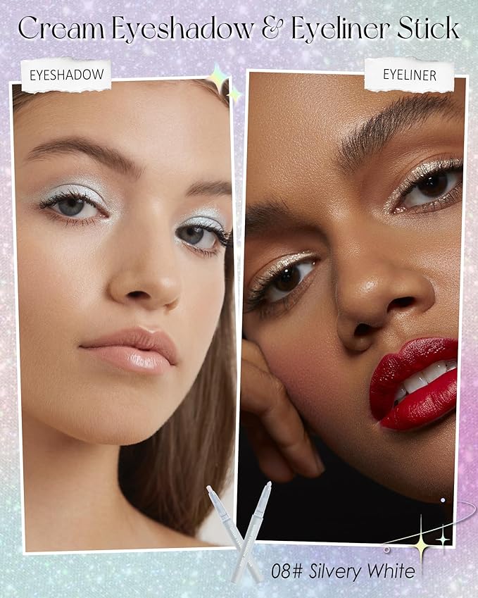 Glitter Eyeliner & Eyeshadow Stick 2 in 1, Silver Metallic Shimmer Eyeshadow Stick, Twist-Up Built in a Sharpener White Eyeliner Pen, Waterproof Creamy Eye liner Makeup for Women Christmas - 08 White