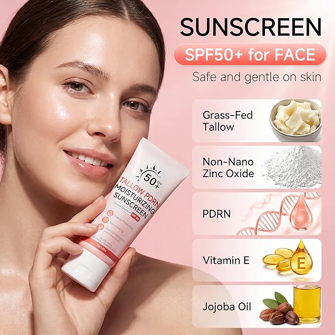Beef Tallow Sunscreen with Non-Nano Zinc Oxide, Mineral Sunscreen SPF 50 for Face and Body, Salmon PDRN Sunblock Moisturizing Sun Screen for Sensitive Skin & Kids, 2.82 OZ (80g)