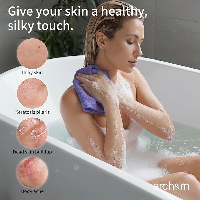 ARCH&M Exfoliating Body Towel (3 Pack) for Glowing, Silky-Smooth Skin - Japanese Beauty Washcloth for Deep Exfoliation & Improved Circulation in the Shower (Blue x 3)