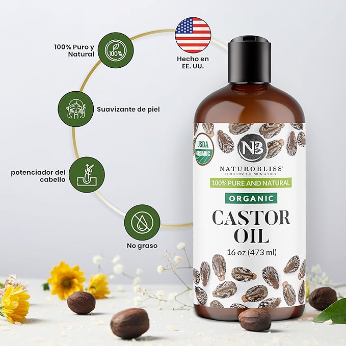 NaturoBliss Organic Castor Oil 16 oz – 100% Pure, Expeller-Pressed, Hexane-Free – Value Size Beauty Oil for Hair, Eyelashes, Eyebrows, Skin & Scalp, with Beauty Starter Kit – USDA Organic, GCMS Tested