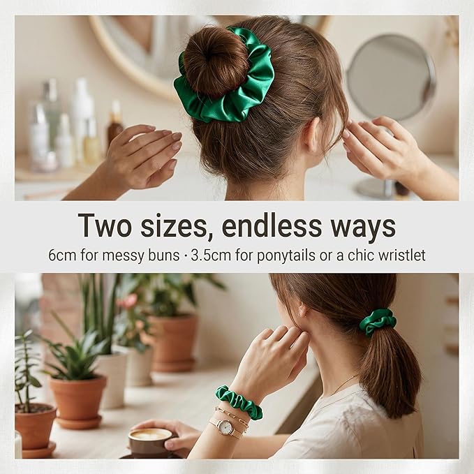 ZLYC 100% Mulberry Silk Scrunchie 19 Momme Gentle Creaseless Hair Tie for Women Dent-Free Ponytail Holder, 3.5cm Solid Dark Green