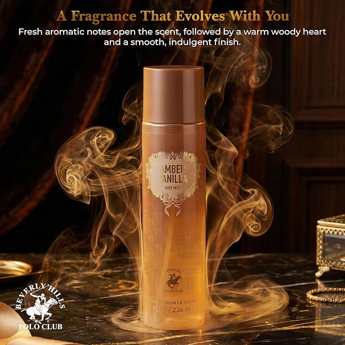 Beverly Hills Polo Club Amber Vanilla Fine Gourmand Fragrance Body Mist for Women & Men – Long-Lasting Luxurious Floral Woody Sweet Scent Spray – 236ml / 8 FL OZ