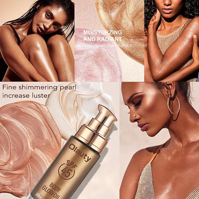 Shimmer Oil, SPF 45 Sunscreen Body Makeup Waterproof No Transfer Body Luminizer Lotion Glow for Women, Liquid Illuminator Bronzer, Long-lasting, Radiance Skin (02#Diamond Platinum)