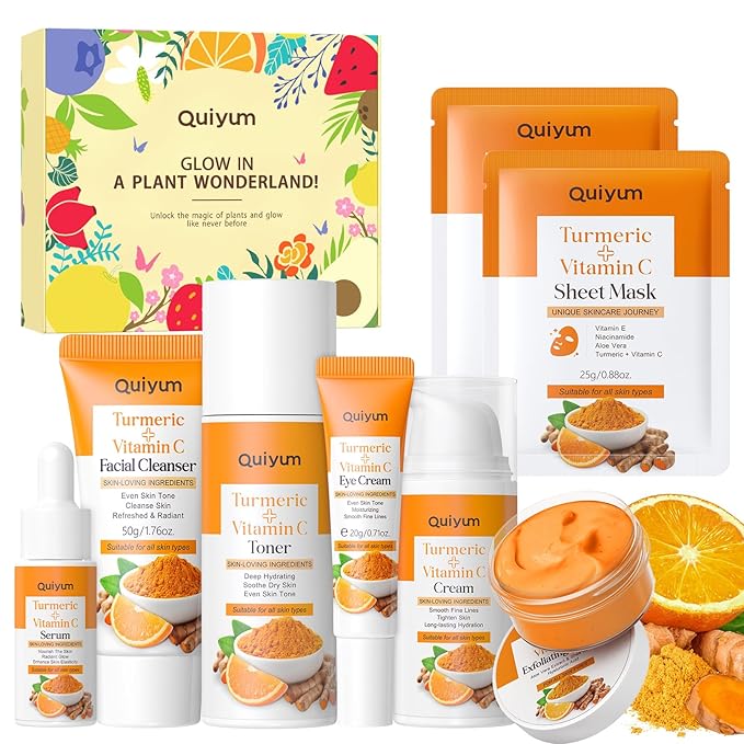 QUIYUM Skin Care Set, Turmeric Vitamin C Skincare 7PCS - Facial Skin Care Routine Kit for Women, Dark Spot Remover for Face, Reduce Acne, Oil Control, Deep Clean, Birthday Mother's Day Gifts Sets