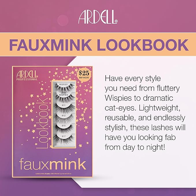 Ardell Faux Mink Wispy False Eyelashes Lookbook Lash Set – Natural Look Wispy Lashes Strip (Demi Wispies, 811, 812, 815, 817) with Lash Adhesive, 6 Pairs, 1 Pack