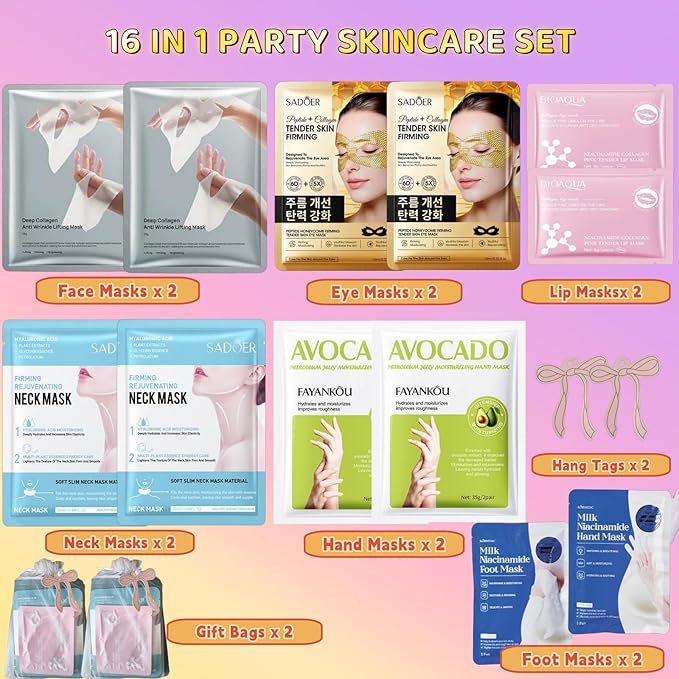 16 PCS Spa Party Supplies for Girls，Spa Party Favors Include Facial Masks, Lip Mask & Under Eye Patches, Hand Masks, Foot Masks &Cervical Masks for Girls, Sleepover Party gifts