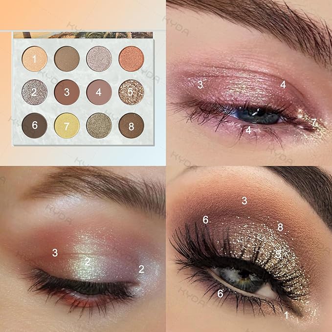 KYDA 12 Colors Tropical Coconuts Eyeshadow Palette, Summer Beach Neutral Brown Grey Pink Eyeshadow, Shimmer Pearl Glow Eye Shadow, Smooth Blendable Powder Eyes Shadow, Summer Eyes Makeup