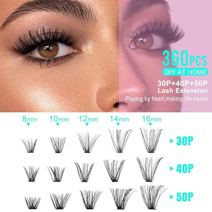 Natural Lash Clusters 8-16MM Wispy Lash Extensions 30D+40D+50D Cluster Eyelash Extensions 360Pcs Wispy Individual Eyelashes by Geeneiya