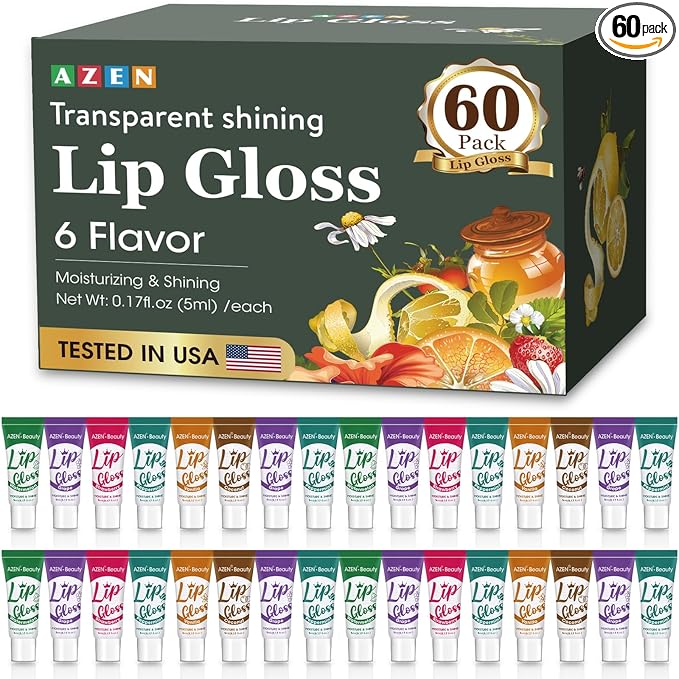 AZEN 60 Pack Lip Gloss Set, Clear Lip Gloss Bulk, Lip Oil for Dry Cracked Lips Moisturizing Hydrating Nourishing with Vitamin E, Mothers Day Gifts for Women