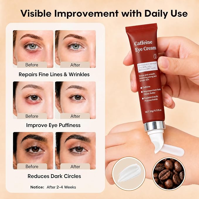 Caffeine Eye Cream, Under Eye Cream for Dark Circles Puffiness and Wrinkles Eye Bags, Multi Peptide Moisturizer Brightens Night Formula Caffeine Eyecream with Cooling Metal Tip, 0.75 fl oz