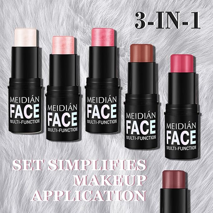 6Pcs Cream Contour Stick Makeup Kit with Makeup Brush,Shades with Highlighter,Brush Stick,Cream Bronzer for Sculpt the Cheeks,Long-lasting Waterproof Lightweight Contour Set