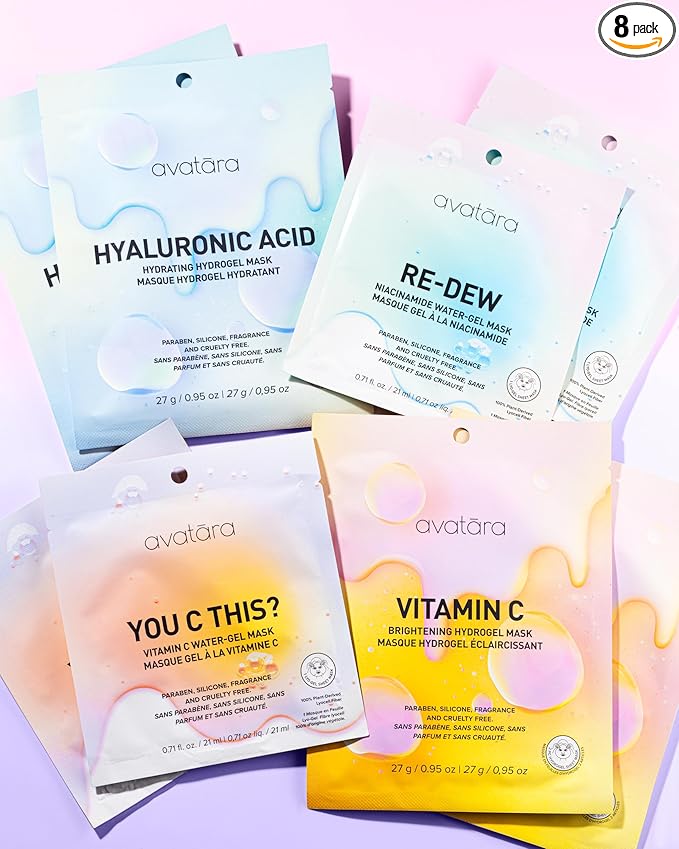 Avatara High-Key Glow 8-Pack Water-gel & Hydrogel Variety Sheet Mask Set, 2 Each: Hyaluronic Acid, Vitamin C, You C This?, Re-Dew | 0.71 fl. oz / 21 mL & 0.95 oz / 27 g