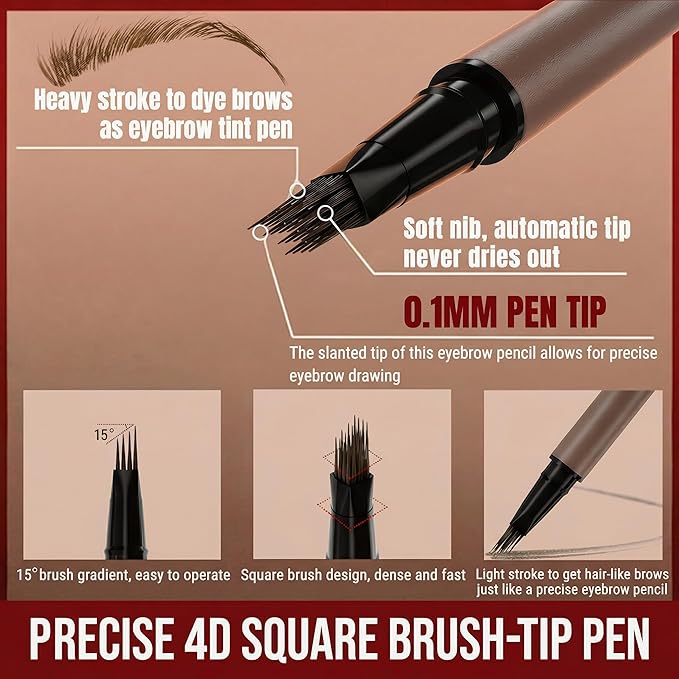 Eyebrow Pencil for Women, 2-in-1 Microblading Eyebrow Pen with 4D Square & Ultra-Fine Tips, Waterproof Long-Lasting Brow Pencil, Hair-Like Strokes for Natural Fuller Brows with Brow Brush, Black Brown