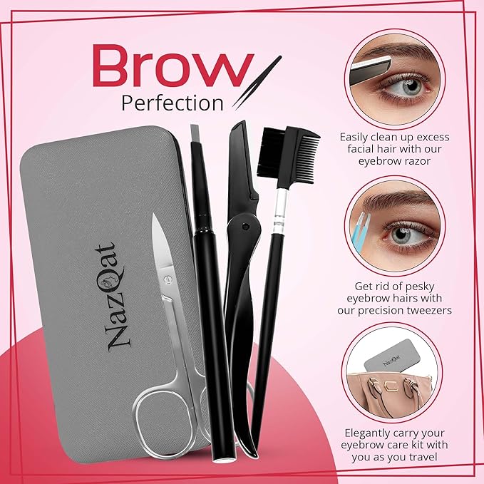 Exquisite 8-in-1 Eyebrow Kit for Women & Men – Luxury Eyebrow Grooming Kit with 4 Precision Tweezers For Eyebrows, Eyebrow Razor, Eyebrow Scissors, Eyebrow Brush/Comb & Pencil with Padded Case