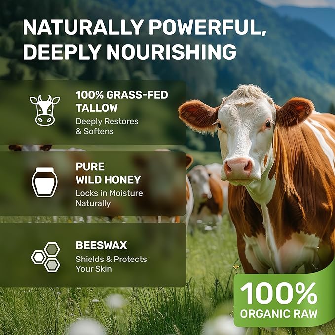 Beef Tallow for Skin - Grass Fed Whipped Tallow and Honey Balm for Face, 3-Ingredient Fragrance Free Beef Tallow for Face and Body with Beeswax - Moisturizer for Dry Sensitive Skin, 4.3 oz