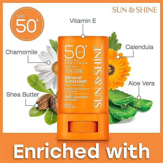 SUN&SHINE Sun & shine clear Mineral STICK sunscreen SPF 50+ Sunscreen Face Stick | Vegan, Reef safe |sensetive skin Broad Spectrum Natural Sunscreen Fragrance free, Dermatological tested