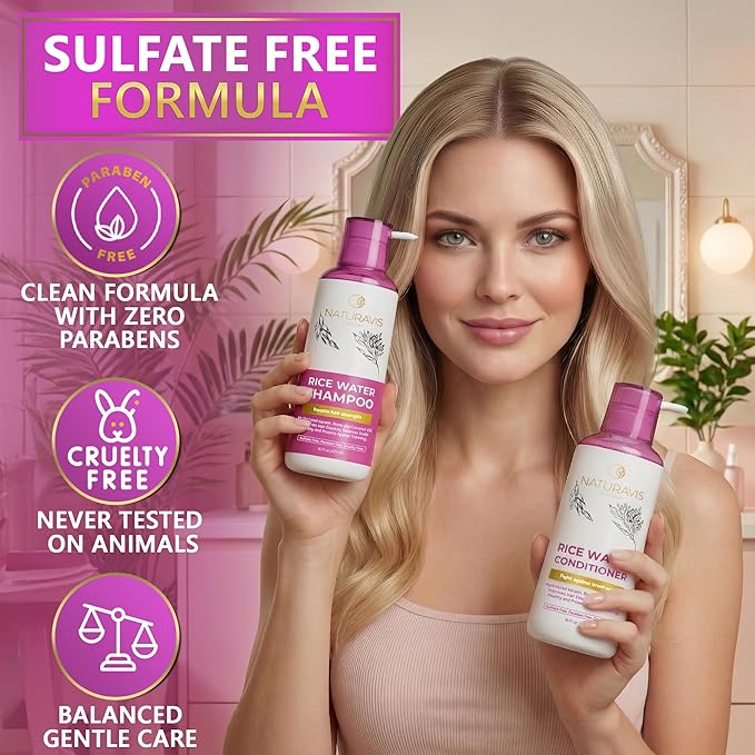 Rice Water Shampoo and Conditioner Set - Sulfate Free and Paraben Free Blend for Thinning Hair - Volume and Thickness for Fine Hair - Volumizing Salon Quality - For Women and Men - 16 Fl Oz (Set of 2)