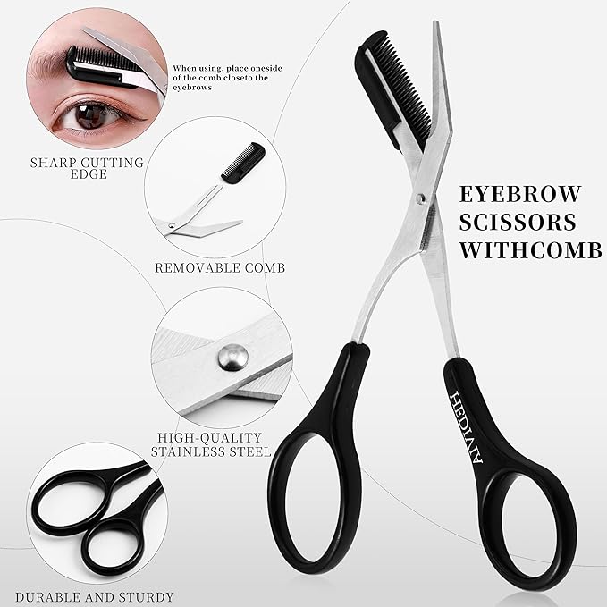 HEDVIA 9 Pcs Eyebrow Razor Kit for Women Shaping, Professional Eyebrow Makeup Set with 6 Small Eyebrow Razors, 1 Eyebrow Scissors with Comb, 1Eyebrow Tweezers for Men, 1 Makeup Brushes(Black Set)