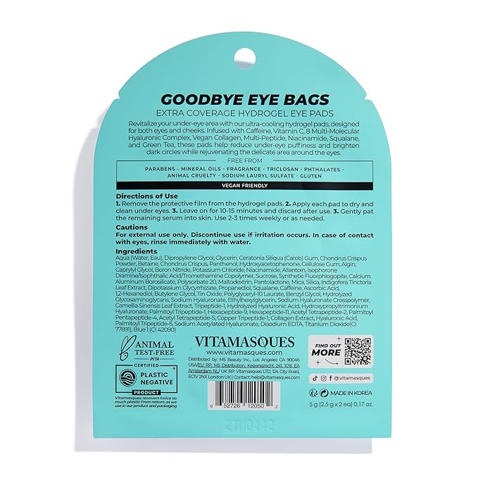 Vitamasques Goodbye Eye Bags XL Under Eye Patches - Caffeine Collagen Eye Mask for Dark Circles & Puffiness, Brightening Korean Eye Patches - 3 Pairs Hydrating Ultra cooling Hydrogel Pads