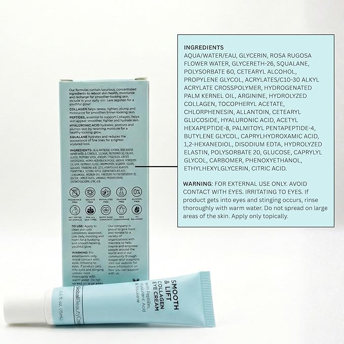 Global Beauty Care Smooth & Lift Collagen Eye Cream - Refining Under Eye Treatment to Support Skin Elasticity with Peptides, Hyaluronic Acid, Squalane & Vitamin E Formula, 0.5 fl oz (1 Pack)