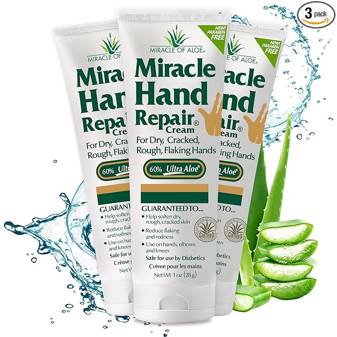 Miracle Hand Repair Cream for Dry Cracked Hands 1 oz Best Healing Hand Cream with 60% Aloe Vera - Non-Greasy Moisturizer for Working Hands - Fast Absorbing Lotion for Extremely Dry Skin (3-Pack)